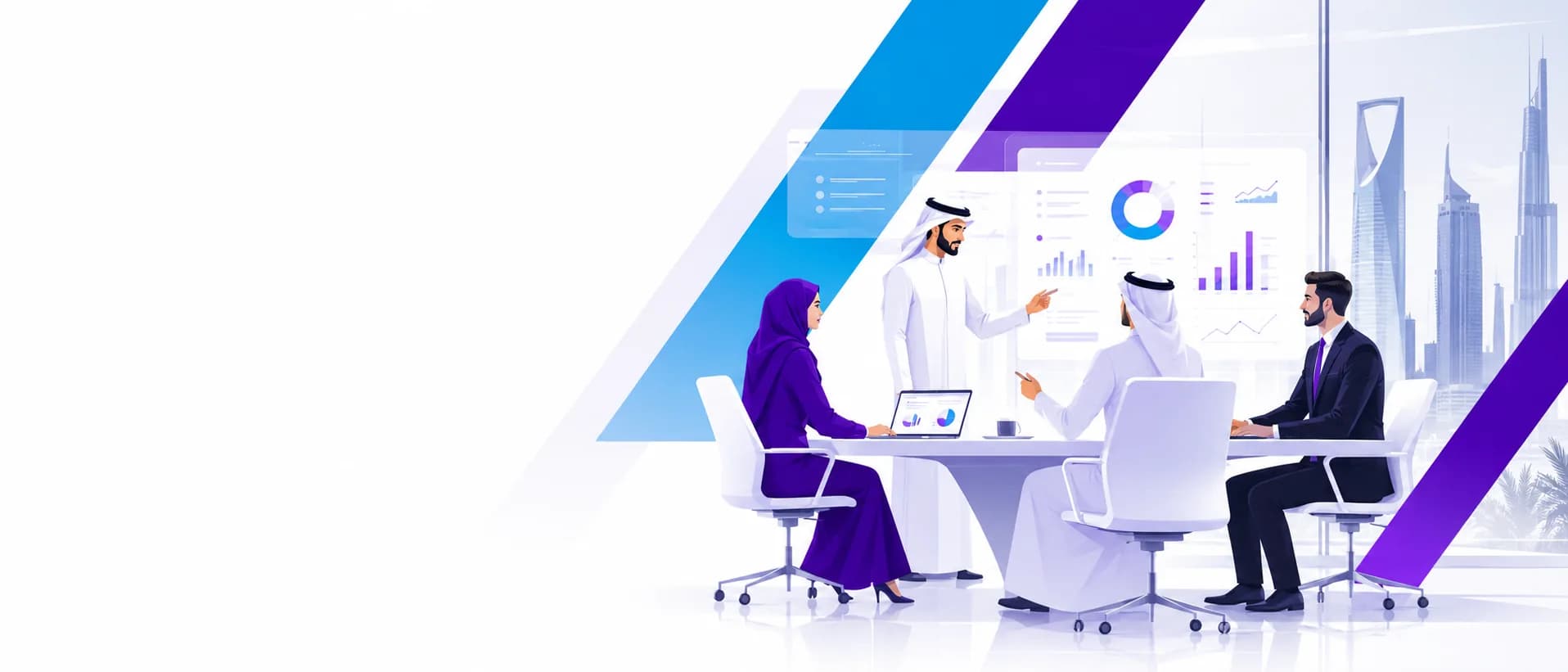 فريق أعمال من Smart Way يراجع لوحات أداء رقمية
